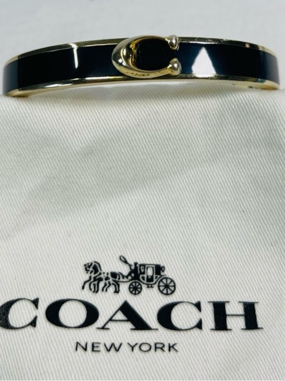 Coach Signature C Black Enamel Gold Tone Hinged Bangle Bracelet